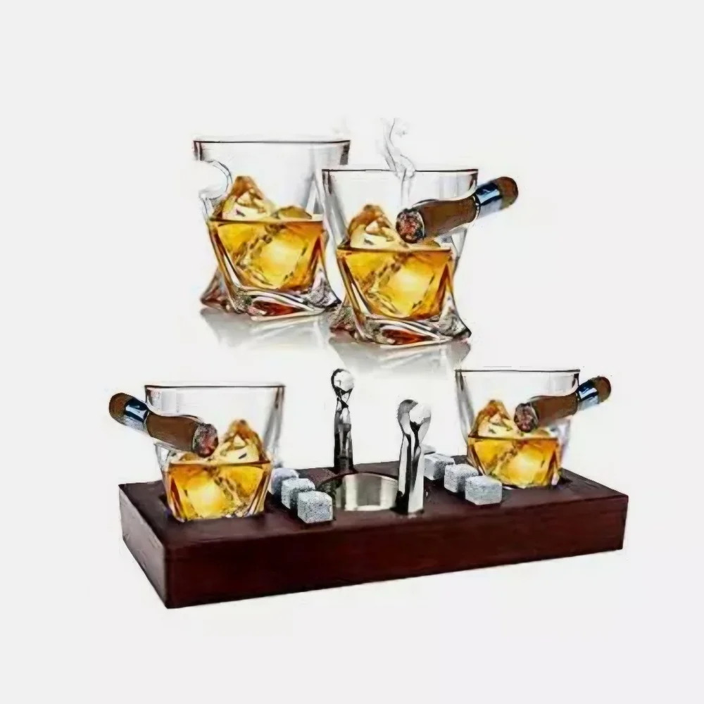 NEW Bezrat Barware 14pc Whiskey Cigar Set with Mahogany Wooden Base